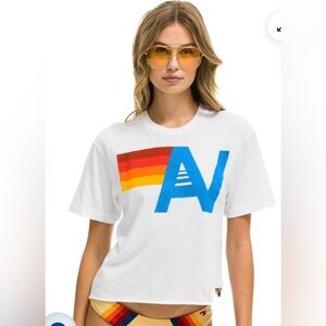 Aviator Nation White Short Sleeve Tee with Rainbow Stripe & Blue AV Logo